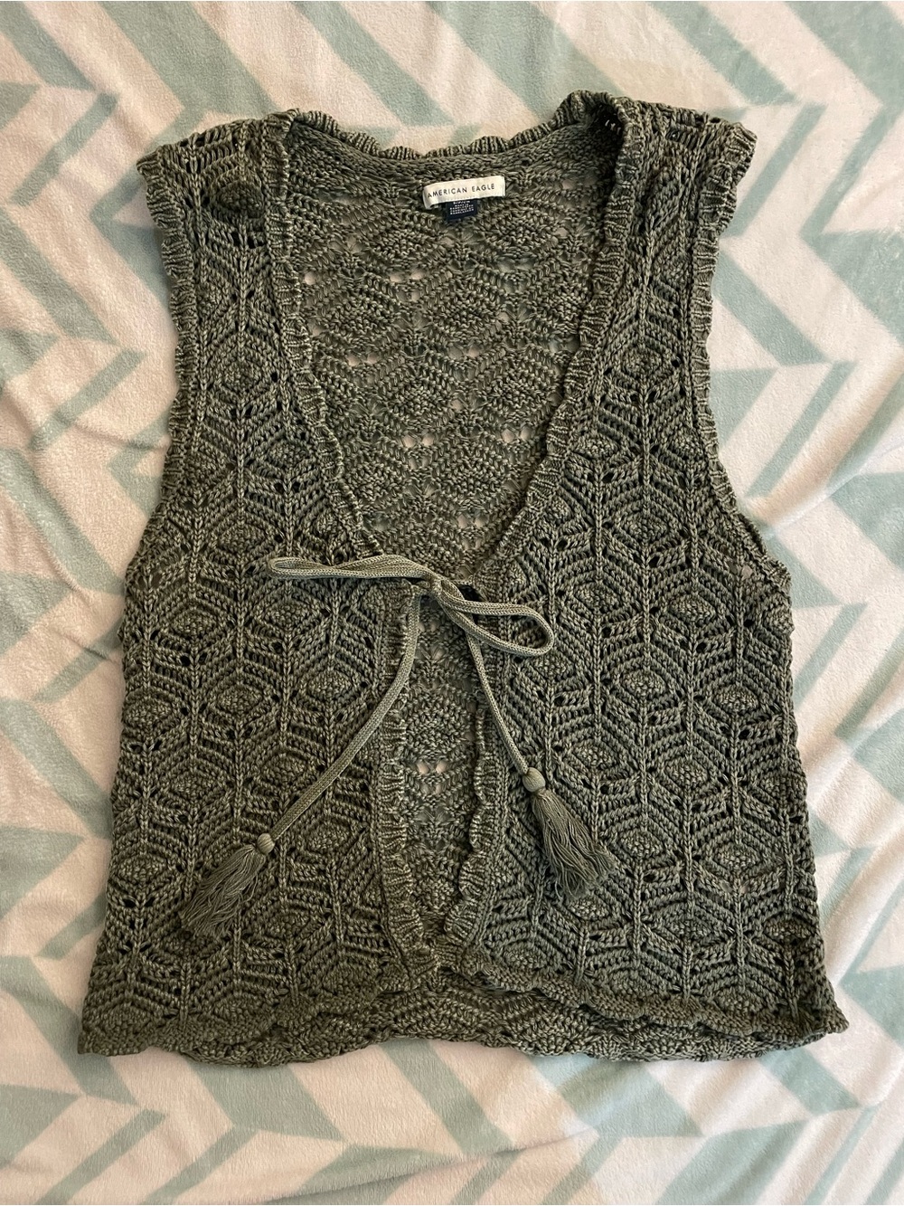 American Eagle Outfitters Olive Crochet Tie-Front Vest